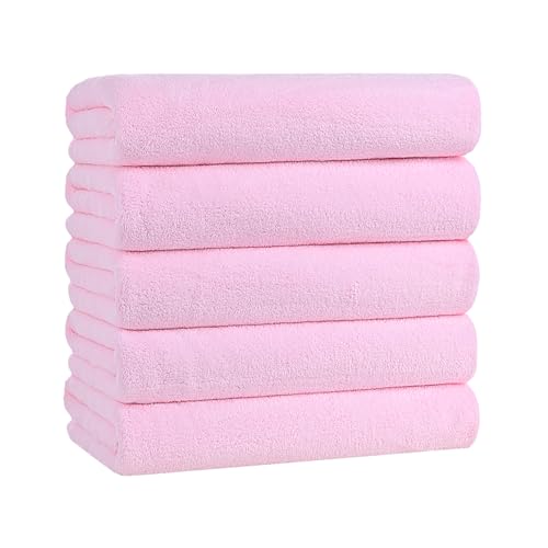バスタオル マイクロファイバー 大判 60*120cm 5枚セット ふわふわ 柔らかい肌触り 高速吸水 速乾 耐久性 抗菌防臭 (ベビーピンク)