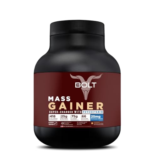 Bolt Mass Gainer | Weight Gainer | Supercharged With Phycocyanin | | 25G Protein, 75G Carbs & 412 Calories For Muscle, 5Lb/2.6Kg (22 Servings) | Piedmont Chocolate