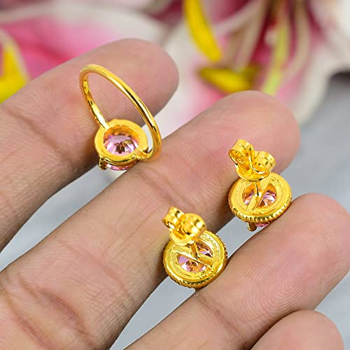 Morganite Gemstone Jewelry Set For Woman 925 Silver Stacked Solitaire Rings Band Stud Earrings For Girls (Yellow Gold Plated, 5.5) #TOP3