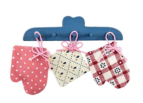 Dolls House Blue Wall Rack with Hanging Oven Gloves & Cloth Kitchen Accessory
