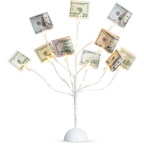 CraftyCrocodile LED Gift Card Tree Holder - Metal Display Stand with 10 Flexible Clips for Photos Money Lottery Tickets Cards & Notes - 25 Warm Lights