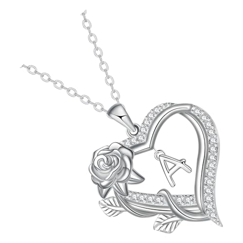 Sacolin Collar con inicial de corazón para mujer, colgante en forma de corazón de rosa con letra A, collar personalizado del alfabeto 26, cobre chapado en plata, regalos de cumpleaños de aniversario