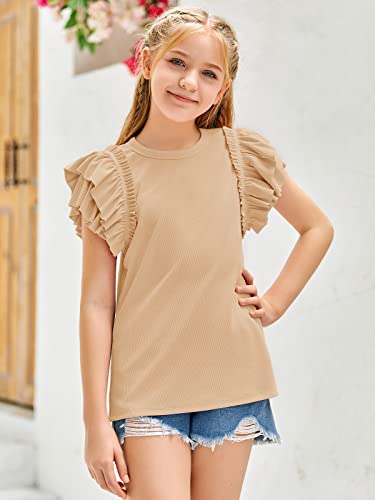 Girls Ruffle Short Sleeve Shirts Mock Neck Ribbed Knit Summer Pullover Tops3