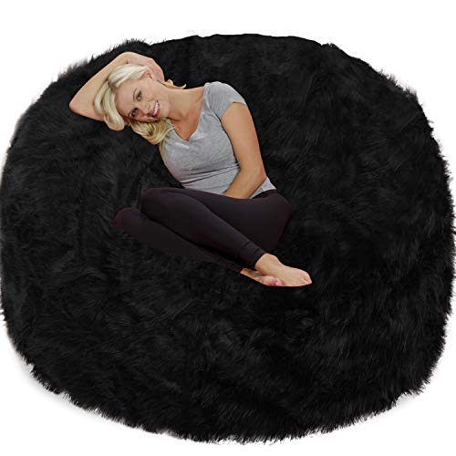 Chill Sack Chair: Giant 6  Memory Foam Furniture Bean Bag Big Sofa with Soft Cover, 6 Foot, Plush Faux Fur - Black