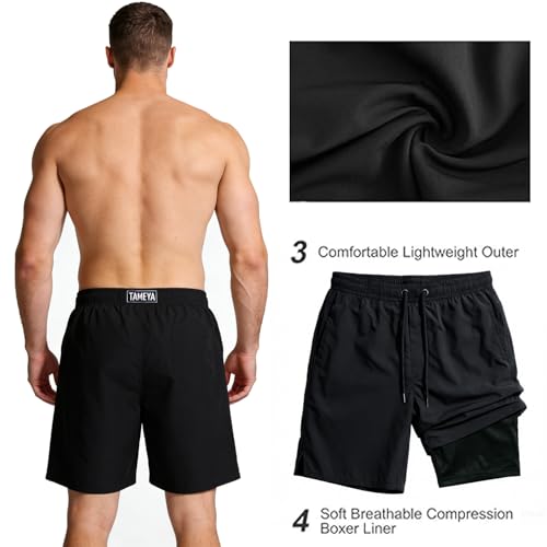 Image of Men's Swim Trunks with Compression Liner, Quick Dry Hawaiian Swimwear Bathing Suit Drawstring Board Shorts
