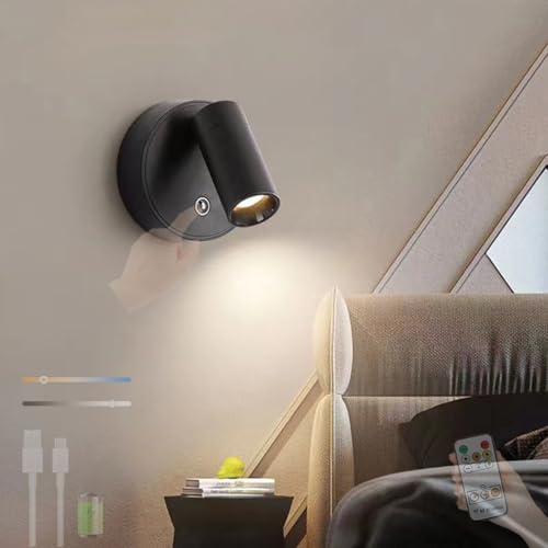 LED Inalámbricas Apliques de Pared con Mando Distancia Lámpara de Pared USB Recargable Iluminación de Control Táctil Regulable para Sala de Estar Dormitorio Pasillo (Negro)