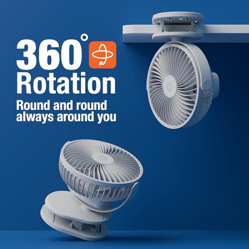 Image of Orient Electric Orbis Rechargeable Personal Fan | 360 Rotation | 1800 mAh Battery | 4 Speed Modes with Timer | Quiet Operation | USB Type-C Charging | Clip-On Mini Fan | Cloud White