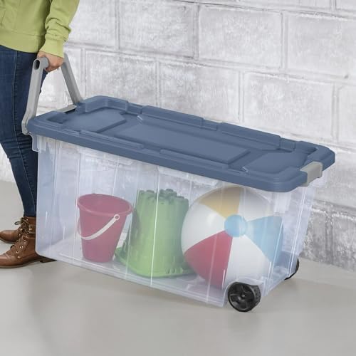 40-Gallon Wheeled Storage Bins (2-Pack) - Heavy Duty Plastic Totes with Lids & Handles - Industrial Garage/Utility Containers for Tools, Camping Gear (36.9" x 21.4") (Clear/Blue) - Image 4