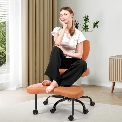 Cross Legged Office Chair, Ergonomic Criss Cross Chair with Wheels, 360° Swivel Height-Adjustable Meditation Chair for Yoga & ADHD, Wide Kneeling Chair with Strong Lumbar Support (Brown) BPY01Z