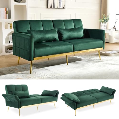 DIFY 70 Velvet Futon Sofa Bed Convertible Sleeper Sofa Tufted Couch with Adjustable Armrests and Backrest Modern Loveseat Sleeper Bed with 2 Bolster Pillows for Living Room Green