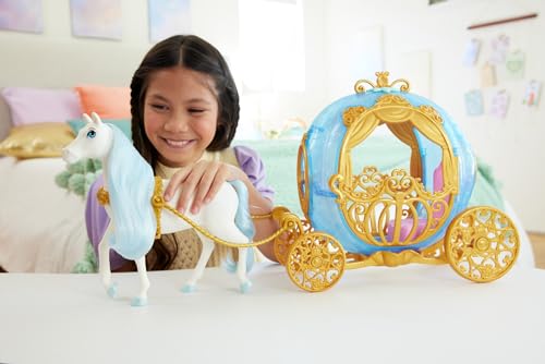 Mattel Disney Prinzessin Cinderellas rollende Kutsche mit goldenen Details und Schimmel mit Mähne und Schweif zum Bürsten, inspiriert vom Disney-Film, HYM33