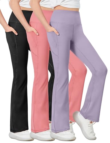 Desol 3 Pack Girls Flare Leggings with Pockets, High Waist Bootcut Yoga Pants, Dance Athletic Bell Bottoms for Teen &Kids