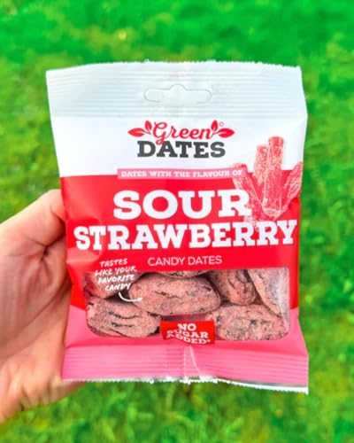 Green Dates Sour Strawberry – Veganer Superfood Snack aus Datteln & Erdbeere 90g – Zuckerfrei, fruchtig & perfekt für gesundes Naschen unterwegs