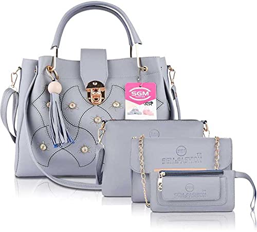 SGM FASHION P.U. Leather Siling Bag leather handbags Set for girls stylish latest Ideal for Women's & Girls (Pack of: 4) (L-Grey)