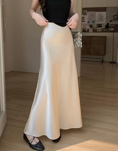 Women's Satin Fishtail Skirt Elastic Waist Side Lace Slim Fit Flowing Hem Fashion Drape Hip Wrap Long Skirts3