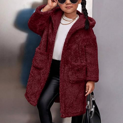 Girls Fuzzy Pea Coats Fleece Faux Fur Long Hooded Jacket Open Front Windbreaker Overcoat with Pockets 3-12 Years4