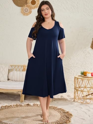 Image of LARACE Plus Size Women Dress for Summer, Midi Women's Sundress, Casual V-Neck Short Sleeve Flowy T-Shirt Dresses with Pockets