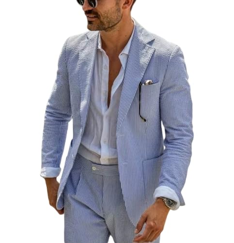 2 Pieces Men's Suits Striped Seersucker Set Slim Fit Mens Jacket Pants Lightweight Set for Casual Summer Beach Wedding
