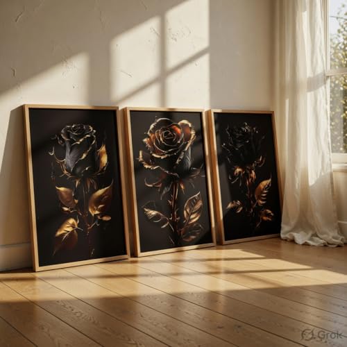 Image of Livin'luxe Black Gold Rose Wall Painting Set of 3 with Wooden Frames | Luxury Floral Artwork HD Sparkle Laminated MDF Wall Decor | Elegant Rose Wall Art for Living Room Bedroom Office