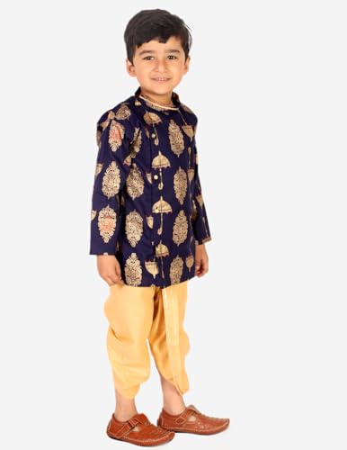 Image of superminis Boy's Golden Foil Printed Side Open Cotton Kurta, Round Collar, Full Sleeves Ethnic Wear Dhoti Kurta Set
