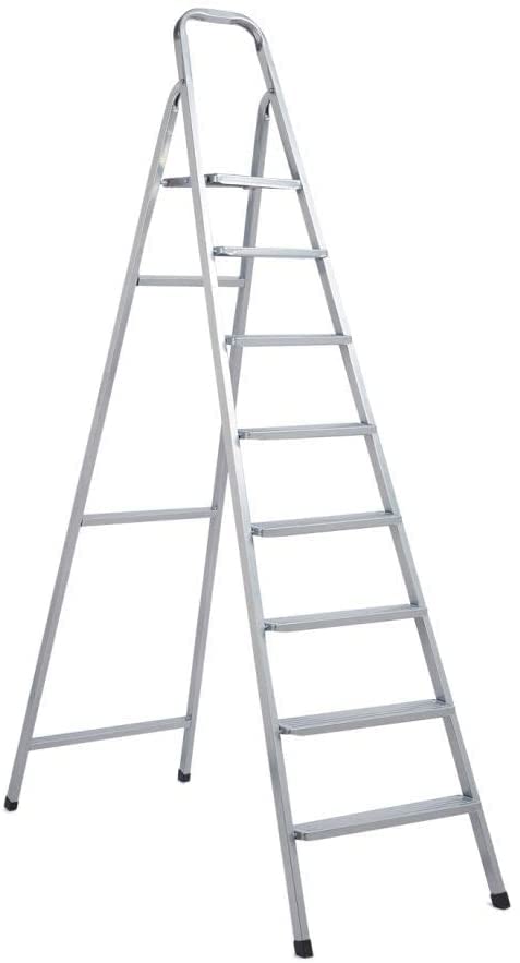 Robustline Heavy Duty Steel Ladder, Ultra Stable Folding Ladder. (8 Step, Silver)