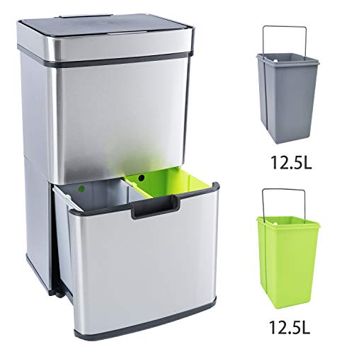 Vertak Edelstahl Mülltrennsysteme, Abfalleimer Sensor, mülleimer trennsystem, Mülltrennsysteme mit Sensor, Mülltrennsysteme mit 3 Fächern, Mülleimer küche - 3 Fach Mülleimer 62 Liter,Edelstahl Sensor - Image 4