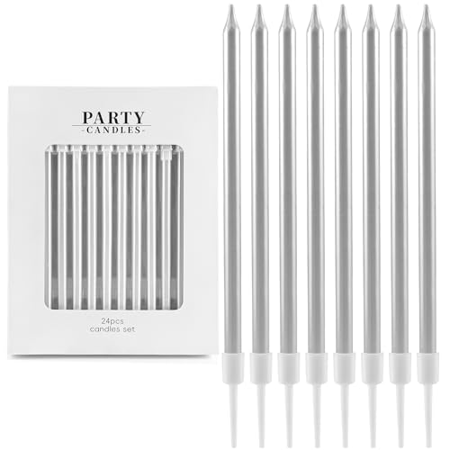 24 Pièces Bougies d'Anniversaire Métalliques Argentées – avec Supports – Bougies Décoratives pour Gâteau – Anniversaire, Mariage, Fête Adulte &...