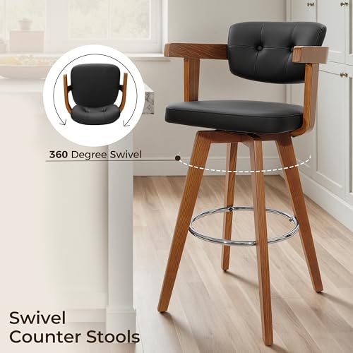 Butacos giratorios de altura para barra Zouron, con asiento de cuero sintético negro y respaldo acolchado, diseño moderno, para isla de cocina, juego de 2 unidades miniatura 6