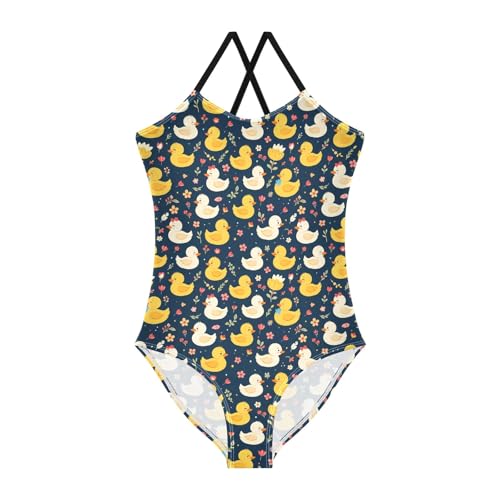senya Girls Swimsuits One-Piece Swimwear Tie Bathing Suit Beach Summer Round Neck 9-10T Duck Flower Pattern
