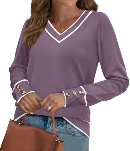 Image of WIHOLL Lightweight Sweaters for Women Long Sleeve V Neck Knit Outfits with Decorative Buttons