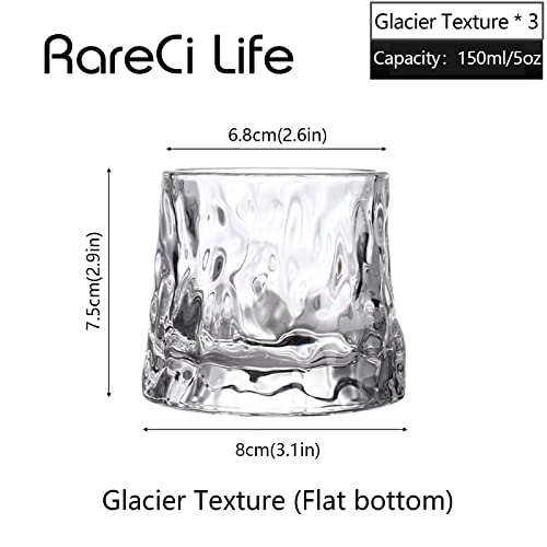 RareCi Flat bottom Crystal Whiskey Glasses, Premium 5OZ Scotch Glasses Set of 3, Old Fashioned Glasses,Thick Weighted Bottom Rocks Glasses for Drinking Bourbon, Scotch, Cocktails(Glacier texture)