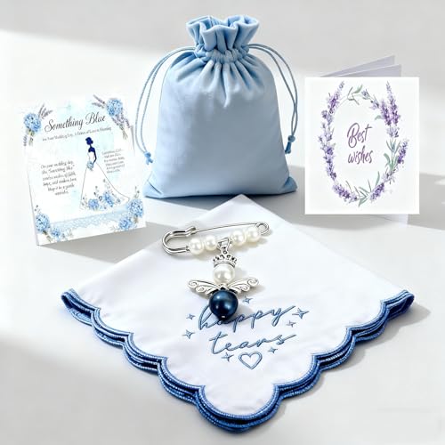 Something Blue Angel Pearl Bridal Bouquet Charm & Embroidered Happy Tears Handkerchief Set Elegant Heavenly Wedding Gift for Bride Bride to Be Mother Bridesmaid Wedding Registry Bridal Shower Present