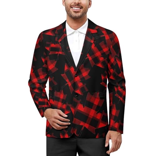 Canadian Flag Maple Tartan Checked Men's Slim Suit Long-Sleeve Prom Tuxedo Classic Two Button Business Jacket