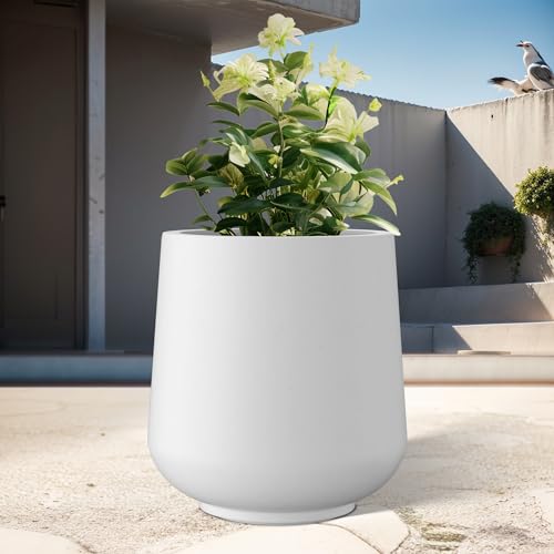 Image of Kante White Concrete Planter 16.5 inch Dia All-Weather Round Large Pot | Handcrafted Cement Curved, Anti-Frost & UV Outdoors, Plug for Indoor, Lightweight & Durable, Modern Home, Garden, Porch