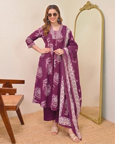 Image of Klosia Women Printed A-Line Kurta and Pant Set with Dupatta | Printed Kurta Set | A-Line Kurta Set | Women Kurta Sets | Summer Suit |