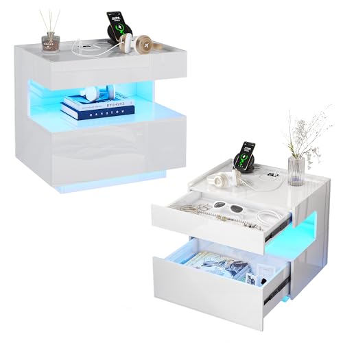 Image of HNEBC High‑Gloss LED Nightstand Set of 2 for Bedroom | Motion‑Sensor 3‑Color Lighting, Hidden Storage Compartment, Gun Drawers, USB, Type‑C & Wireless Charging Station-White Night Stand Set 2