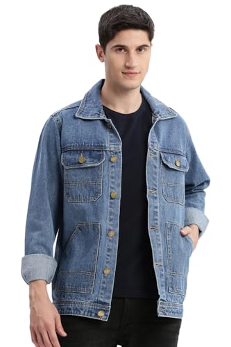 Image of SHOWOFFFF Men Solid Denim Jacket | Spread Collar Full Sleeves Denim Jacket for Mens | Slim Fit Regular Length Jacket for Men's