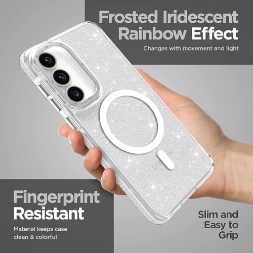 Image of Magnetic Case for Samsung Galaxy S25 FE 5G [Compatible with Magsafe] [Bling Glitter Fluorescent Design] [1 Screen Protector] Slim Translucent Matte Case for Galaxy S25 FE 5G 6.7 inch, White
