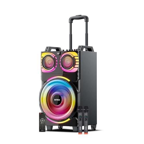 Image of Intex Thriller 1300 Bluetooth Trolley Speaker 130W with Dual Wireless Mic, RGB Lights, USB /SD /AUX /FM, Remote Control, Rechargeable Battery, Portable Party Speaker with Handle & Wheels for Outdoor Use