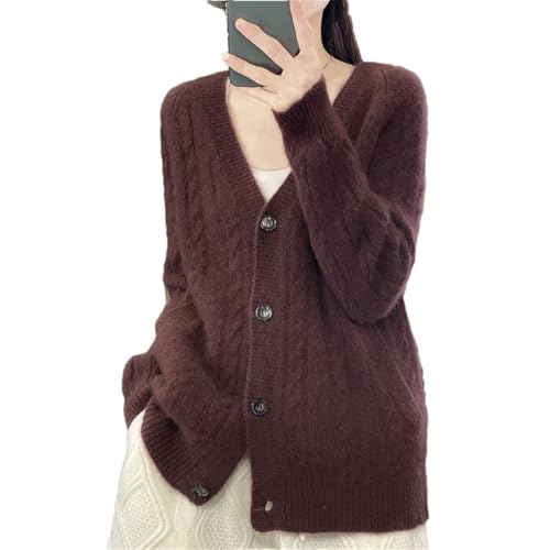 Disimlarl Women's Sweater Cardigan Coat Wool V-Neck Jumpers Twisted Flower Long Sleeve Sweater Dark Brown XL
