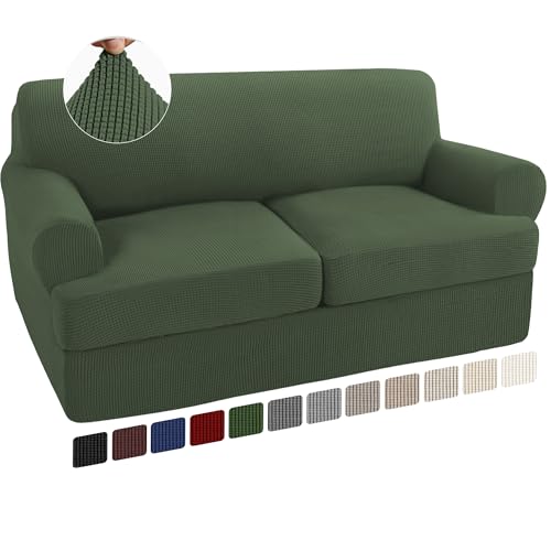 Turquoize 3 Piece T Cushion Loveseat Slipcovers Sofa Cover for 2 Cushion Couch Cover Washable Sofa Slipcover Furniture Covers with 2 Individual T Cushion Seat Covers(2 Cushion Loveseat, Bronze Green)
