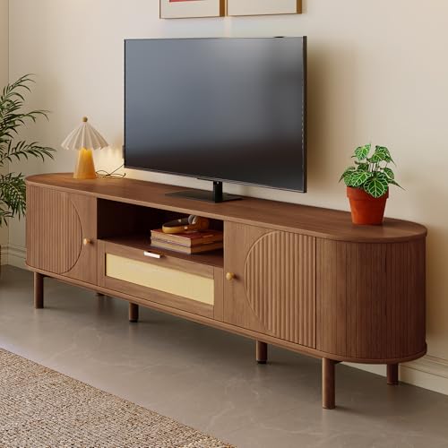 Yihomfy Meuble TV Ovale, 175×36×51 cm Table Television Salon, Banc de TV, avec 2 Portes et 2 Tiroir, Compartiment Ouvert, Rotin, Style Cottage Naturel, pour...