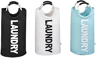 Arpan Laundry Bag Hamper - Washing Bin with Round Alloy Handles for Convenient Carrying - Collapsible & Foldable Design - Fabric Laundry Clothes Bag - Perfect for Dorms & Travel (1x Blue, 1x Black)