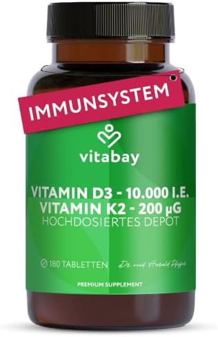 Vitabay Vitamin D3 + K2 Depot 10.000 IE – 180 vegane Tabletten | hochdosiert – Premium Vitamin D3 mit K2-MK7 All-Trans – ohne Zusätze – vegan & laborgeprüft – Vorrat für lange Zeit