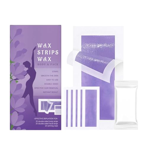 Tiras de cera corporal y facial para depilación, 40 unidades (20 tiras corporales + 20 tiras faciales) con 10 toallitas de aceite relajantes, kit de depilación en casa para mujeres y hombres, piernas