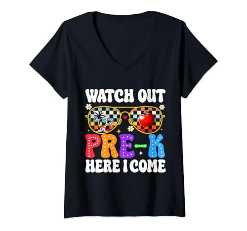 Donna Attenzione Pre-K Here I Come First Day Of Back To School Boys Maglietta con Collo a V