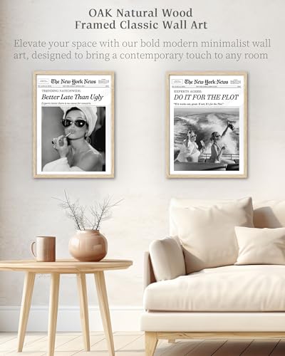 ihery natural oak wood audrey hepburn newspaper trendy framed wall art 12x16 in vintage headline canvas bedroom wall decor better late than uglybathroom artwork apartment girly dorm room 1pack