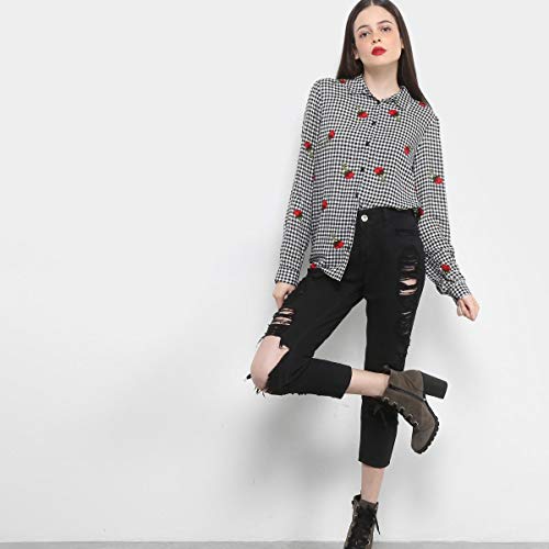 Camisa Drezzup Manga Longa Estampada Feminina - Preto+vermelho - Ep
