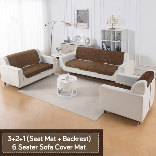 Image of HOKIPO Quilted Sofa Cover 6 Seater Set - Washable 3+2+1 Sofa Panel for Seat & Back | 'Quilt Classic' Light Coffee (IN-927+926+925 * 2-LCY)