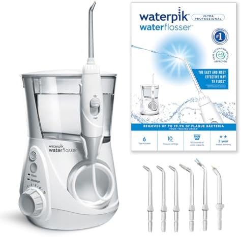 Waterpik Ultra Professional Munddusche, Testsieger 2025, Precision Pulse Technology, TÜV Siegel, bis zu 99,9 Prozent Plaque Entfernung, 6x Aufsätze, 10x individuelle Modi, integrierter Timer, Weiß
